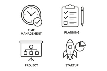 Business startup and project management vector icon set. Thin line icons for web and mobile apps. Concepts of time management, planning, strategy, and new business launch.