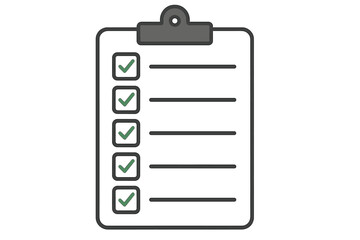 Minimalist Checklist Clipboard with Five Green Check Marks, Blank Lines, Simple Flat Outline Style, Isolated Vector for Task Management, To-Do List, Goals Accomplished, Productivity Planning Concepts