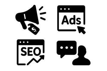 Digital marketing icon set for web and mobile apps. Solid glyph icons for e-commerce, sales, SEO, online ads, business analytics, customer feedback, and communication concepts.