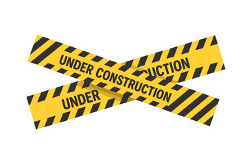 Yellow black crossed caution tape with diagonal hazard stripes and bold UNDER CONSTRUCTION text, vector design element for construction safety signage, website maintenance warning