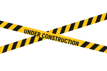 Under Construction Tape Banner Vector — Caution Warning Stripe, Diagonal Black Yellow Hazard Ribbon, Website Maintenance Sign, Road Work Safety Marking, Transparent Background