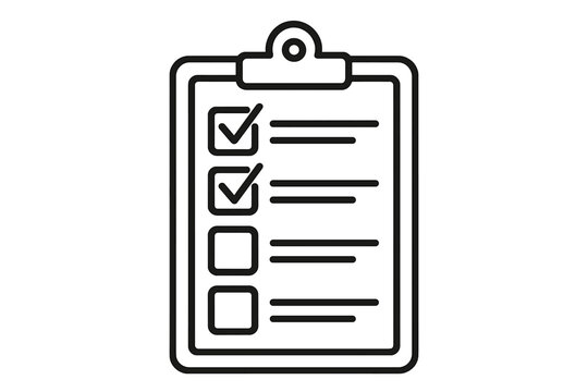 Thin line clipboard checklist icon with check marks, empty boxes, minimalist black outline task list, todo survey form, planning vector illustration on transparent background