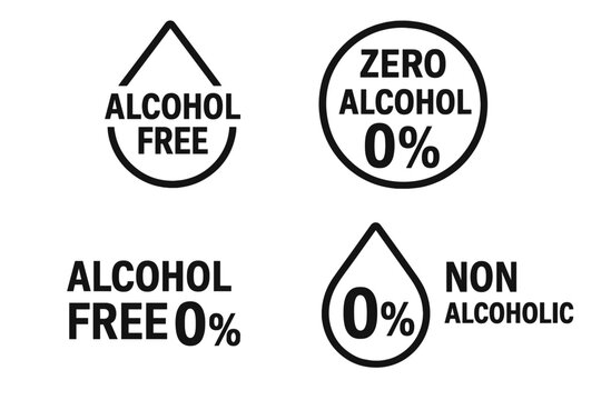 Alcohol free icon set for product packaging. Non alcoholic and zero percent alcohol symbol collection. Healthy sober lifestyle label badge. No alcohol sign stamp for drinks.