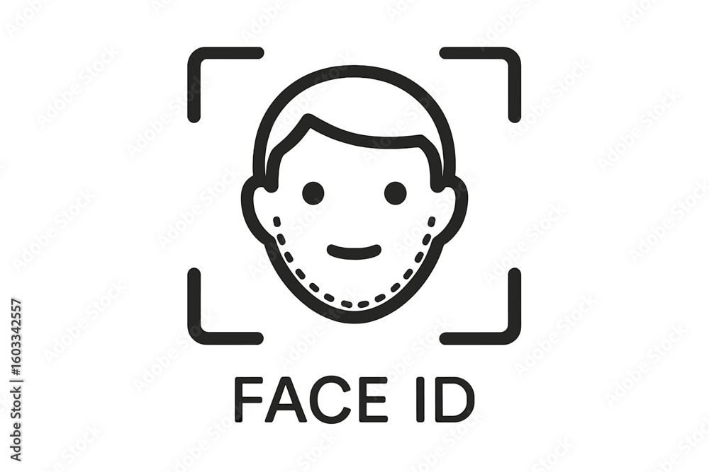 Poster face id icon for biometric verification. facial recognition system for person identification and sec