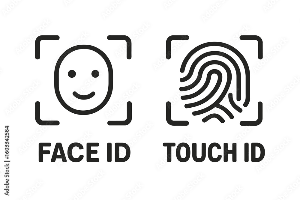 Poster face id and touch id vector icons. facial recognition system and fingerprint scanner for biometric v