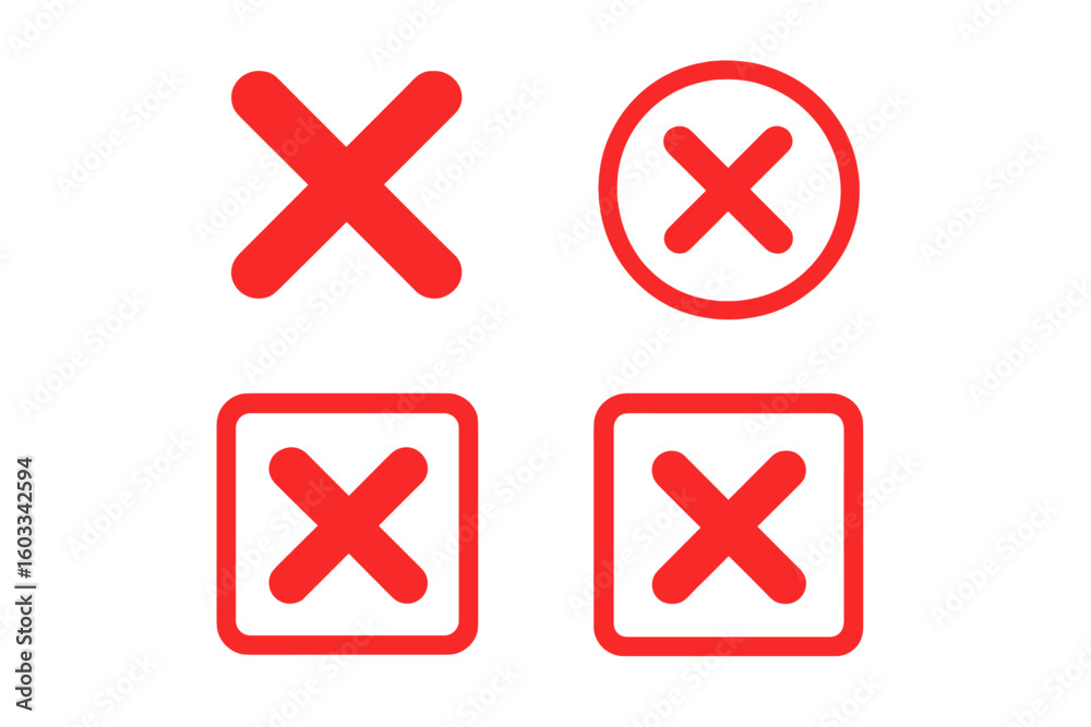 Fototapete red cross cancel icons set: bold flat x mark, error symbol in circle border, wrong close sign in rou