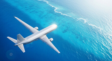 Fototapeta premium Aerial view of airplane over turquoise ocean, showcasing travel, freedom, and adventure concepts