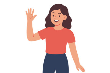 Happy young woman waving hand. Friendly female character saying hello or goodbye with a welcoming gesture. Cheerful person smiling. Cartoon vector illustration isolated.