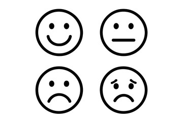 Fototapeta premium Set of 4 Minimalist Round Line Emotion Icons. Happy, Neutral, Sad, Worried Face Expressions. Simple Linear Emoji Collection. Mood Indicator. Black Outline Smileys Isolated on White. Editable Vector.
