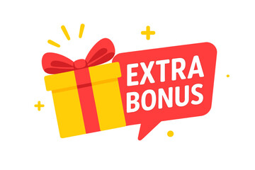 Extra bonus promotion label with surprise gift box. Discount offer vector banner. Modern web element for marketing and advertising design. Special bonus program sticker icon.
