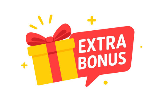 Extra bonus promotion label with surprise gift box. Discount offer vector banner. Modern web element for marketing and advertising design. Special bonus program sticker icon.