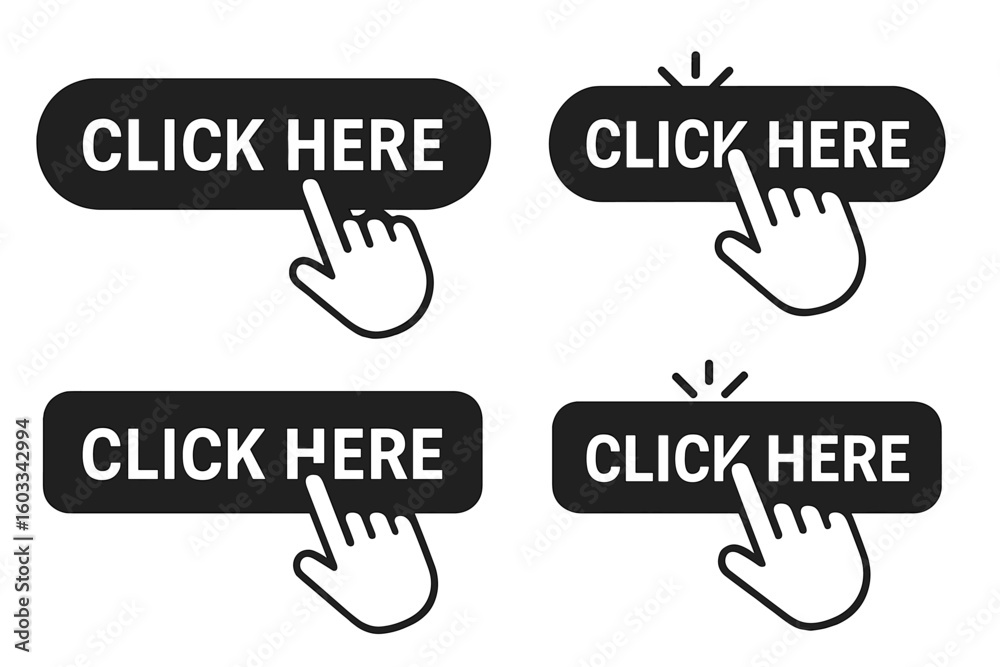Fototapete click here button set with hand cursor pointer. modern action buttons collection with mouse click sy