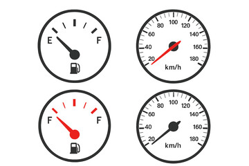 Vector collection of car dashboard elements. Fuel gauge showing empty and low tank levels. Speedometer with kmh speed indicator. Isolated instrument panel icons for design.
