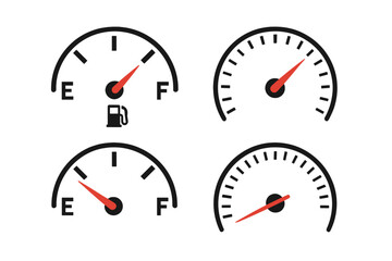Fuel gauge and speedometer indicator collection. Car dashboard element set. Gas level meter from empty to full. Power and speed measurement concept vector illustration.