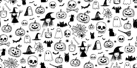 Hand-Drawn Halloween Doodle Seamless Pattern. Black and White Sketch Style