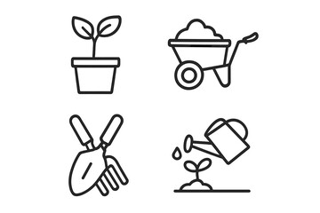Gardening and planting line icon set. Agriculture and horticulture symbols collection. Garden tools, plant in pot, wheelbarrow, trowel, fork, watering can vector icons.