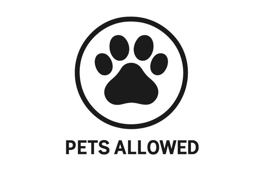 Pets allowed sign vector icon. Pet friendly symbol with paw print. Dog and cat welcome graphic. Animal friendly location notice for hotels, cafes, parks. Simple flat illustration.