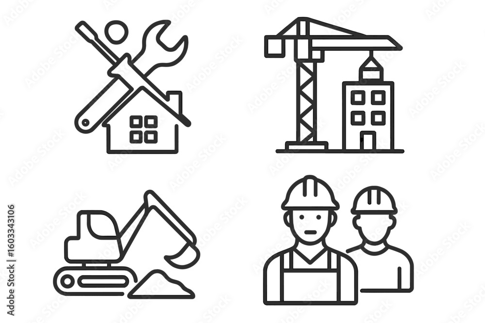 Poster construction icon set in line style. building and development vector symbols for web and mobile apps