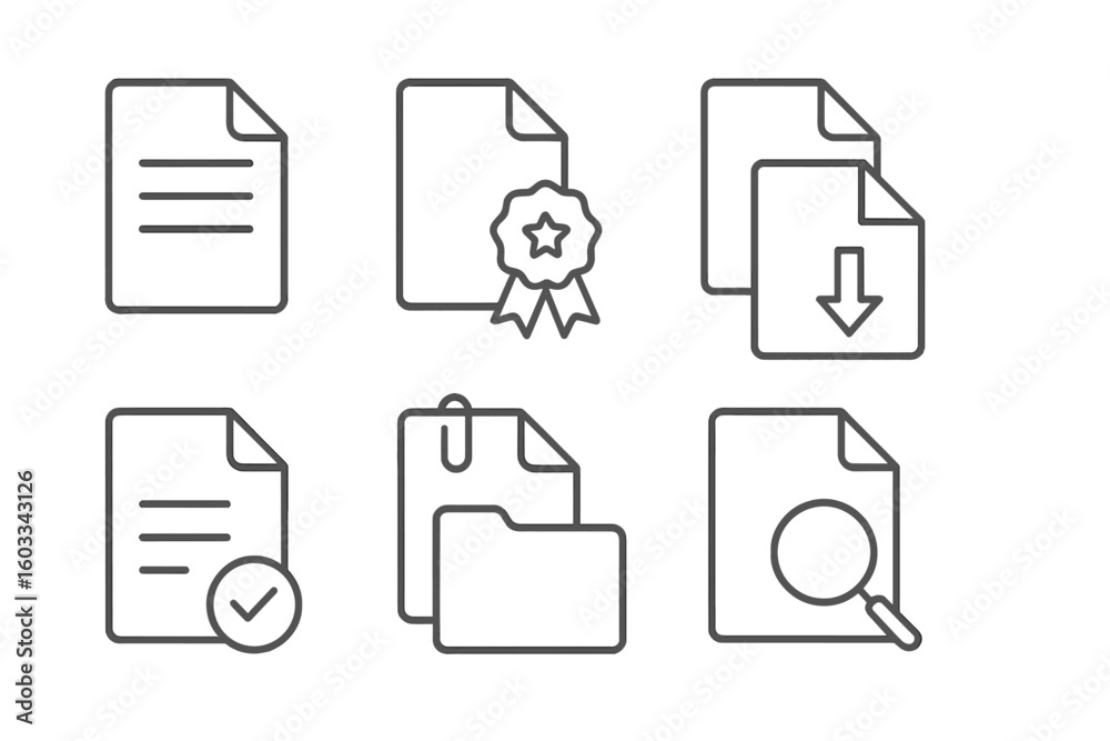 Poster document and file vector line icon set. includes concepts like download, search, certificate, approv