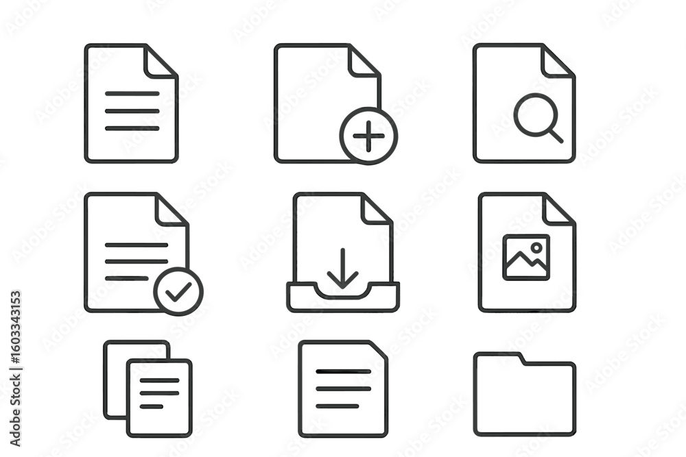 Poster file and document line icon set for ui ux design. thin line vector symbols for web and apps. include