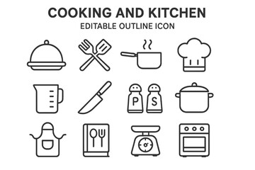 Cooking and kitchen editable outline icon set. Vector symbols of culinary tools, utensils, and equipment for restaurant menu, recipe book, website, or mobile app design.