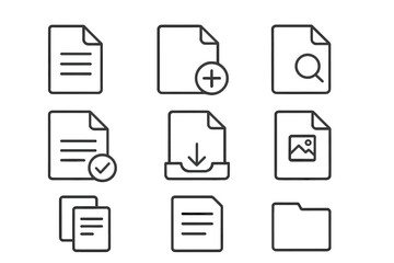 File and document line icon set for UI UX design. Thin line vector symbols for web and apps. Includes add, search, download, approved, copy, image, and folder icons. Editable stroke.