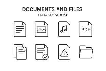 Document and file line icon set. Thin outline symbol collection for web and app ui. Editable stroke vector graphic. Contains pdf, image, audio, approved, warning, folder icons.
