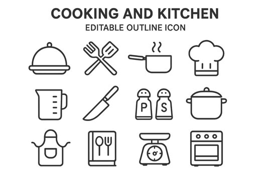 Cooking and kitchen editable outline icon set. Vector symbols of culinary tools, utensils, and equipment for restaurant menu, recipe book, website, or mobile app design.