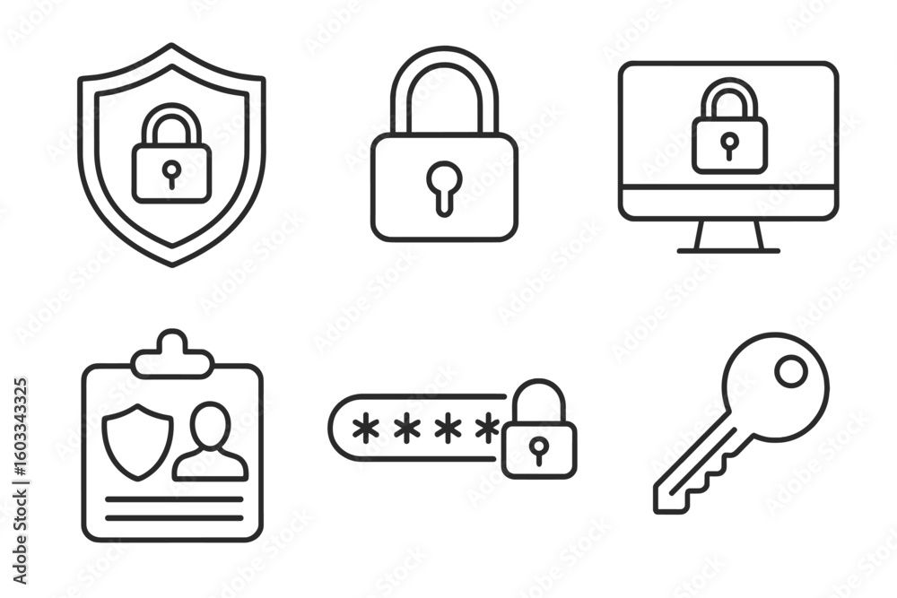 Fototapete Cybersecurity Protection Icons Set. Outline Lock, Password, Shield, Key, Identity Verification, Data Security, Privacy Symbol. Linear Thin Line Vector Icons for Websites, Applications, Digital Access