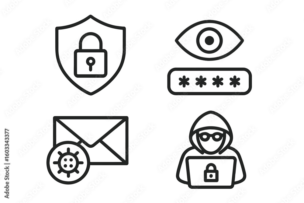 Fototapete Cyber security line icon set. Data protection, hacker attack, password privacy, and email virus concepts. Web and mobile app security symbols for digital technology.