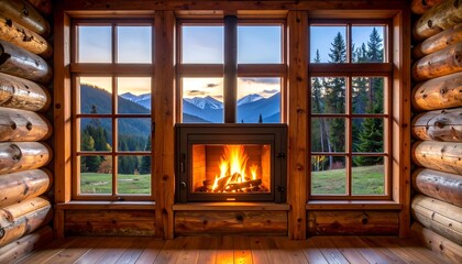 Cozy log cabin interior with fireplace and mountain view