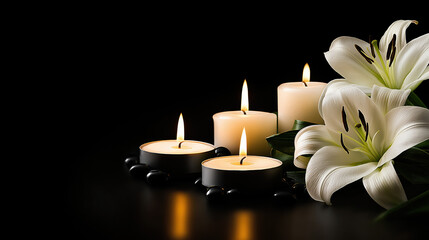 Burning Candle and Lily Flowers on Black &ndash; Christian Funeral Symbol, Spiritual Tribute, Eternal Life and Hope in Darkness
