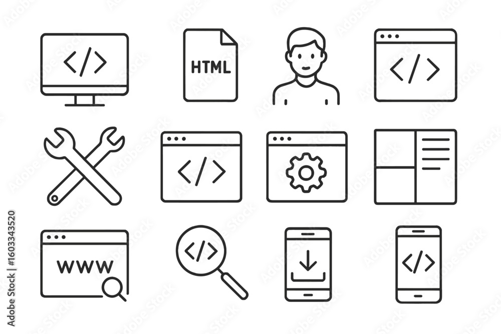 Fototapete web development line icons set. programming, coding, and software engineering pictograms. ui, ux, an