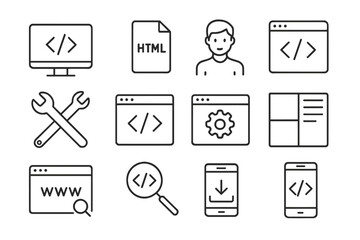 Web development line icons set. Programming, coding, and software engineering pictograms. UI, UX, and graphic interface design elements. Website and app development symbols.