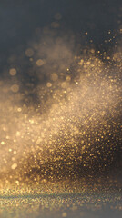 Beautiful gold glittering stars and star dust. Gold effect pixie dust on black. Bokeh golden background with shining sparkles and sand. Vertical festive glitter wallpaper, perfect for party invitation