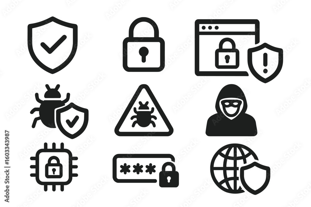 Poster cyber security and internet protection vector icon set. web and mobile app symbols for data privacy,