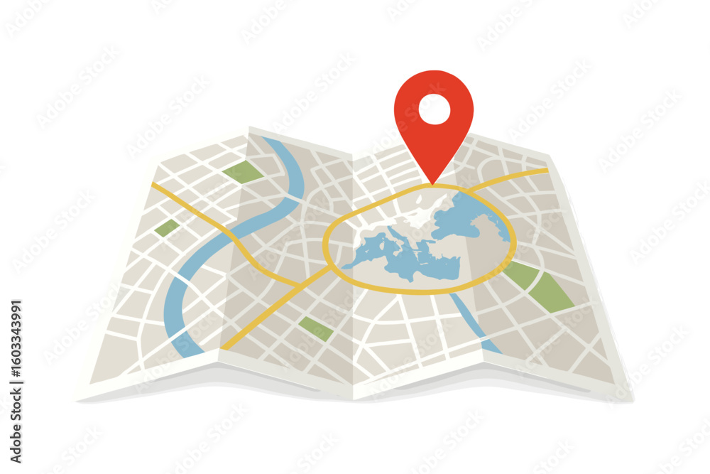 Poster folded paper city map with red pin icon. map with navigation and geolocation symbol. finding the way