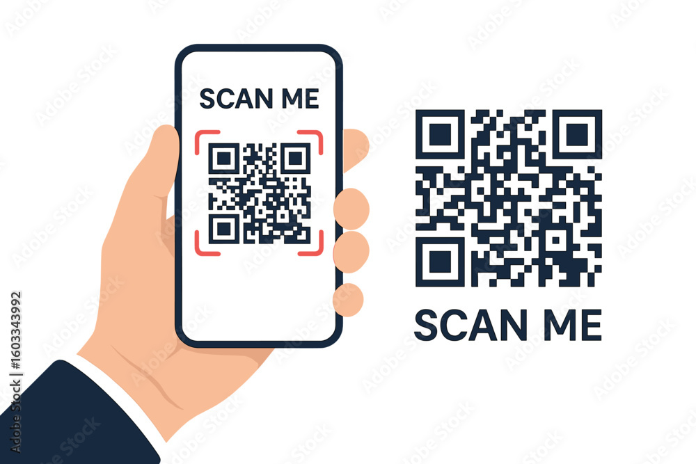 Poster hand holding smartphone and scanning qr code. scan me concept. mobile phone screen with qr code scan