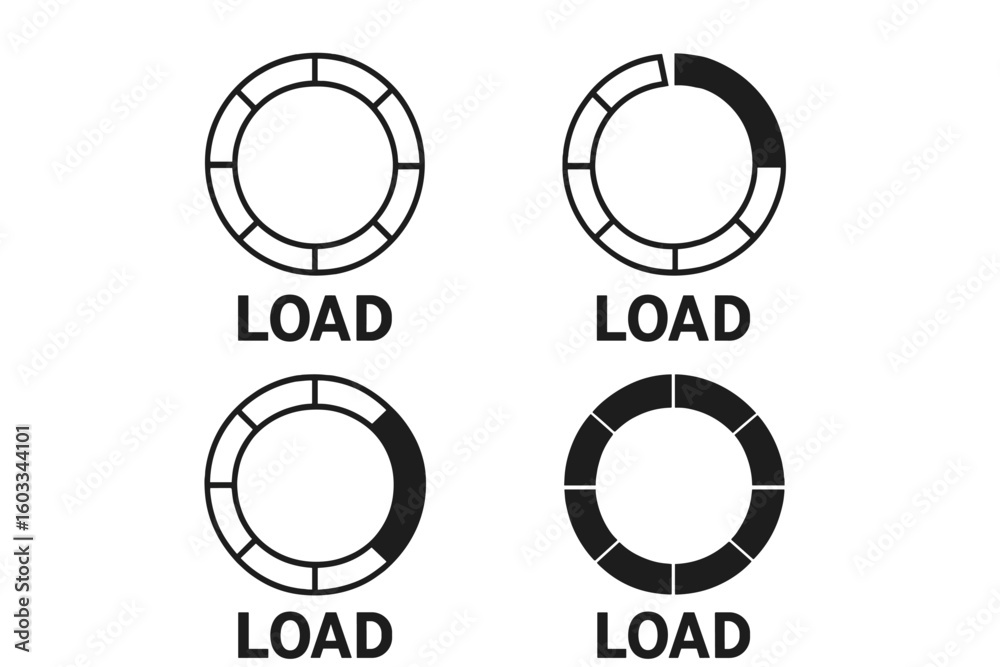 Fototapete Progress loading bar circle icon set. Vector load status indicator for web design UI UX element. Download, upload, buffer, and preloader symbol collection illustration.