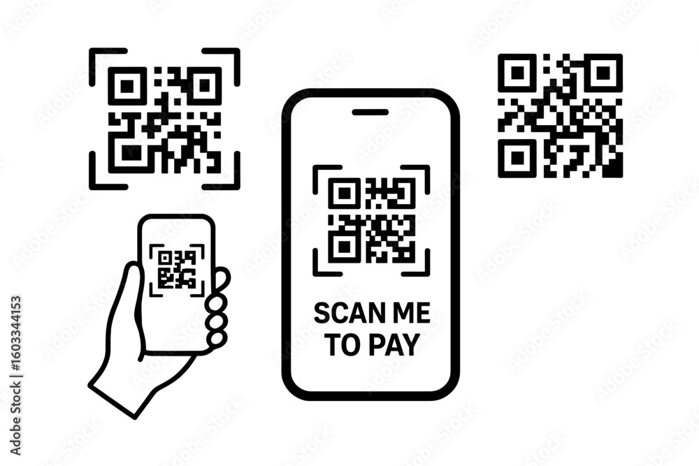 Poster qr code scan icon set. smartphone scanning qr code for mobile payment and identification. scan me to