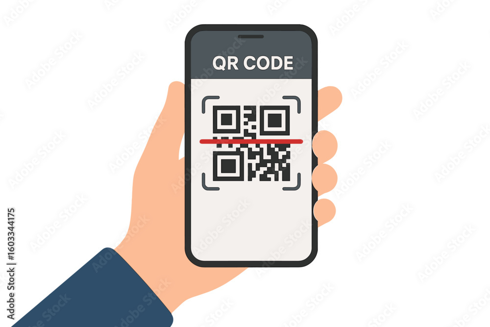 Aufkleber hand holding smartphone scanning a qr code. mobile phone with qr code reader app on screen. concept 