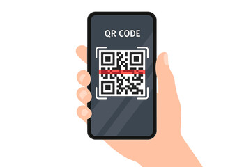 Hand holding smartphone with QR code scanner on screen. Scanning QR code for contactless payment, online shopping, or verification. Mobile technology for cashless transactions.