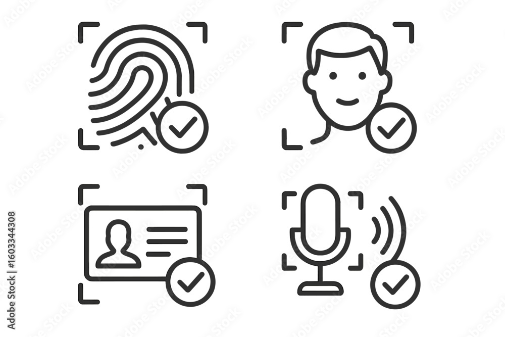 Poster set of identity verification line icons. biometric authentication concepts for web and mobile app. f