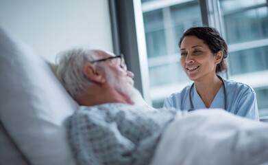 A compassionate nurse smiles while conversing gently with an elder male patient resting peacefully in his modern nursing home bed. Captures aged care employee day commitment.
