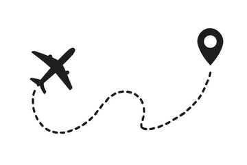 Airplane flight path vector with dotted route line, aircraft silhouette navigating waypoint, aviation navigation concept, flight route illustration, travel and transport design elements