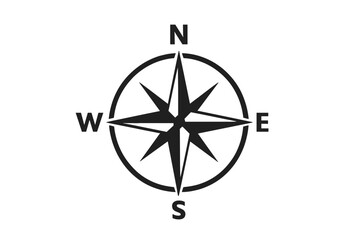 Compass rose icon for navigation and direction. Simple windrose symbol for travel, exploration, and cartography. North, south, east, west sign. Flat vector logo.