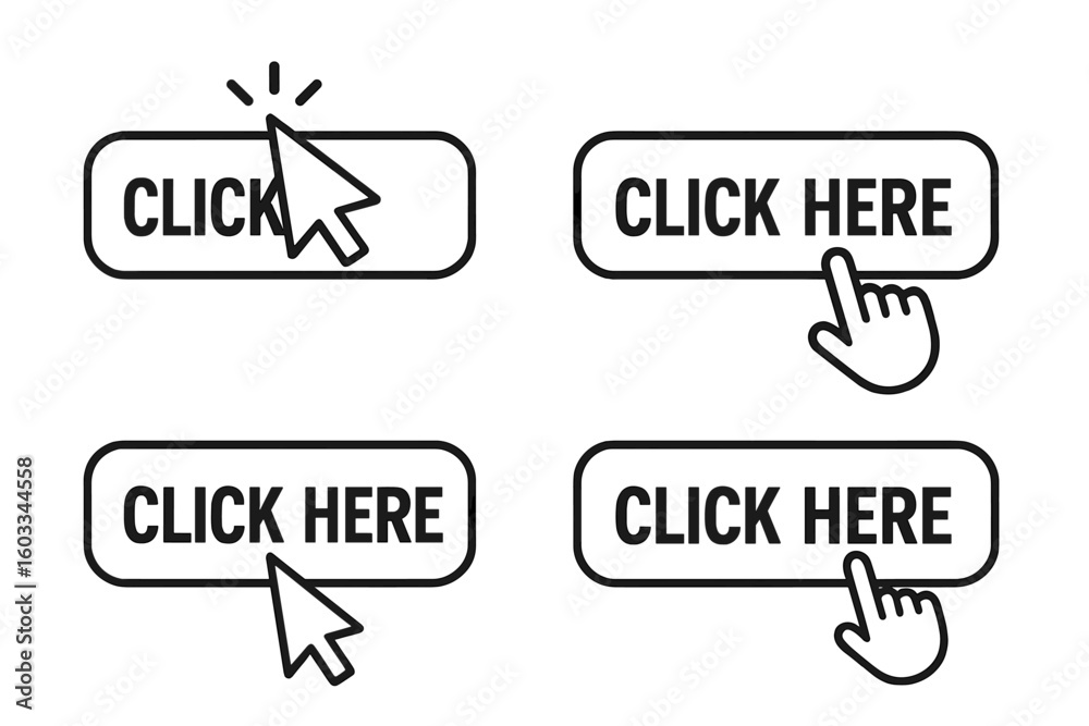 Fototapete Click here button set with computer mouse cursor and hand pointer icons. Call to action web buttons for UI and UX design. Website navigation link, clickbait concept vector.