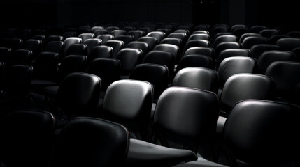 Fototapeta premium Dim lighting casts a mysterious tone over plush black seats arranged in rows at a convention center