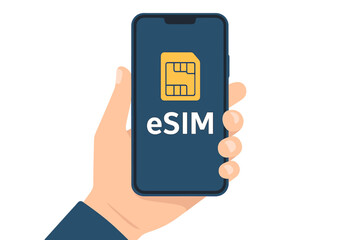 eSIM card chip sign on mobile device screen. Hand holding smart phone. Embedded SIM concept. New mobile communication technology. Flat vector illustration icon symbol.