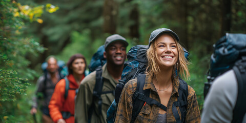 group of diverse hikers walking forest trail, backpacks, nature all around, candid smiles, eco travel lifestyle